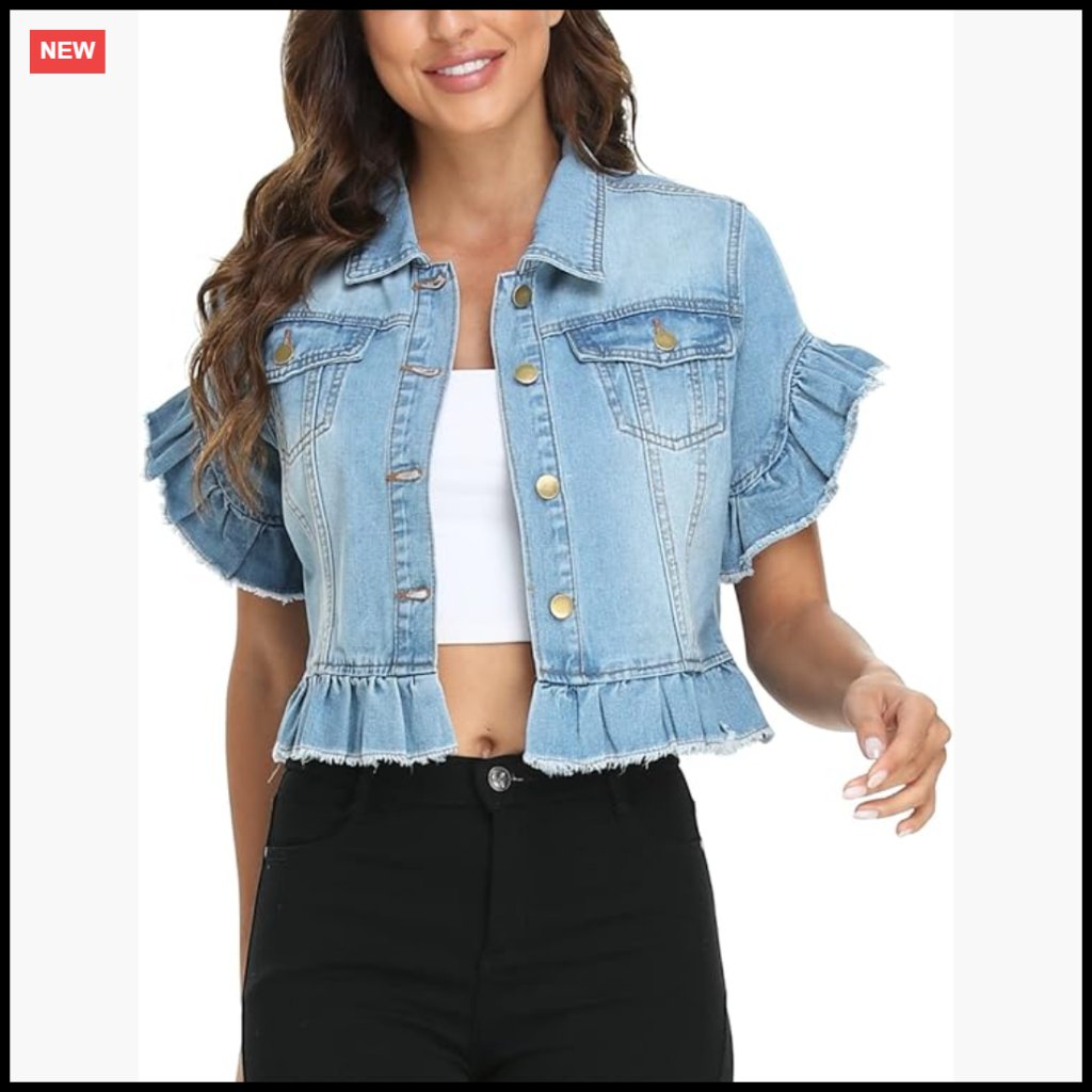 Cropped Denim Jacket Ruffle Sleeve Distressed Fitted Chic Summer Casual